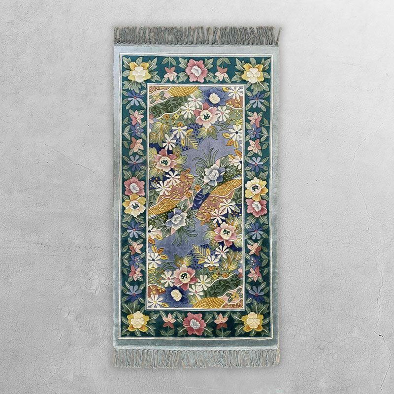 中国緞通 花柄刺繍ラグ 玄関マット 132×63cm 花柄 中国緞通 マット 「手織りシルク緞通」 青 #002 | Happy Rug Market