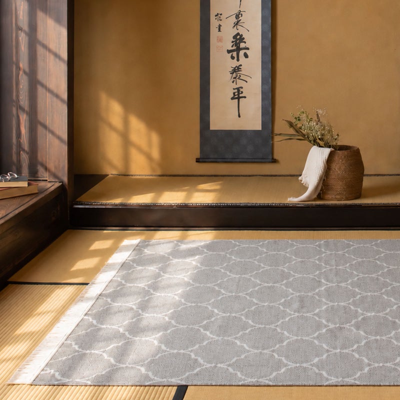 【Happy Rug Market オリジナル】国産　モロッカン柄「素肌に心地いい綿混ラグ」　アッシュグレー